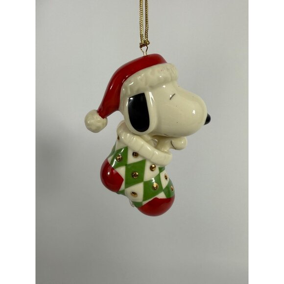 Lenox Snoopy Christmas Ornament • Peanuts Santa Snoopy in Stocking • Porcelain H - Picture 5 of 7
